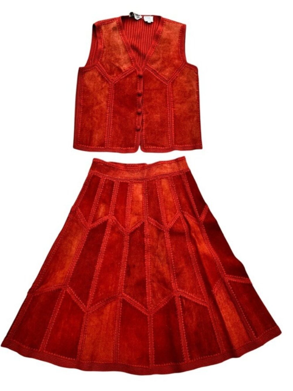 Vintage 1970s Western Rust Orange Knit Suede Vest Skirt Cochella Festival Set